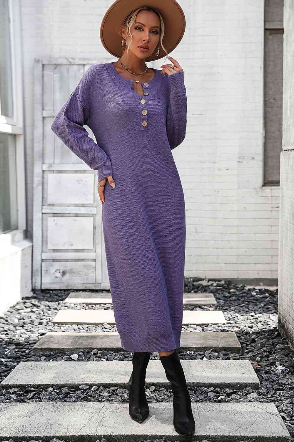 Notched Neck Dropped Shoulder Button-Down Midi Dress - Ladyez