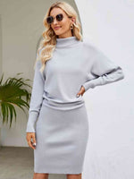 Turtle Neck Long Sleeve Ribbed Sweater Dress - Ladyez