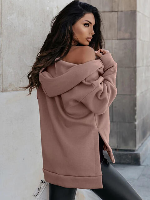 Zip-Up Slit Hoodie with Pockets - Ladyez