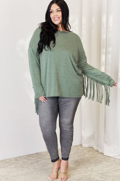 Celeste Full Size Fringe Detail Long Sleeve Top - Ladyez
