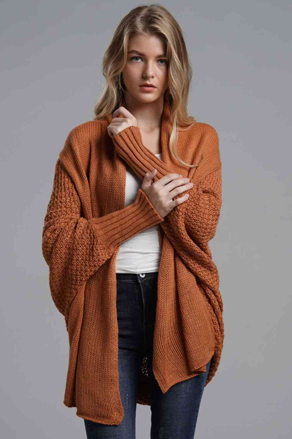 Double Take Dolman Sleeve Open Front Ribbed Trim Longline Cardigan - Ladyez