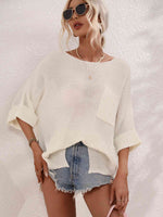 Boat Neck Cuffed Sleeve Slit Tunic Knit Top - Ladyez