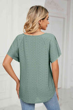 Eyelet Tie-Neck Flutter Sleeve Top - Ladyez