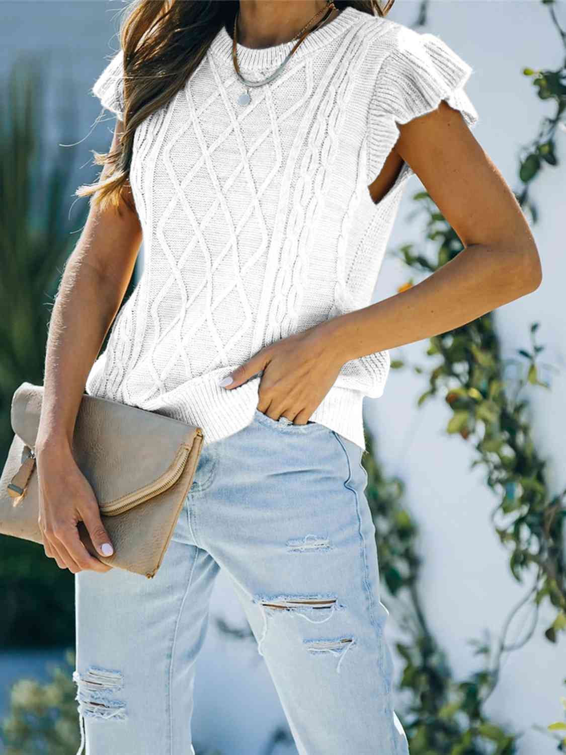 Round Neck Cap Sleeve Sweater - Ladyez