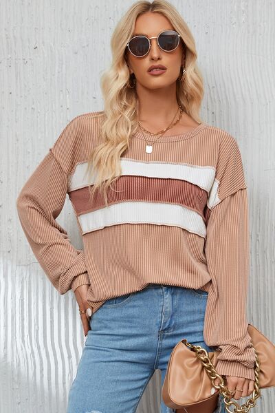 Ribbed Color Block Exposed Seam Round Neck Blouse - Ladyez