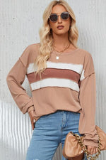 Ribbed Color Block Exposed Seam Round Neck Blouse - Ladyez