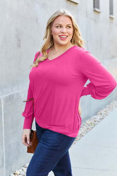 Basic Bae Full Size V-Neck Lantern Sleeve Blouse - Ladyez