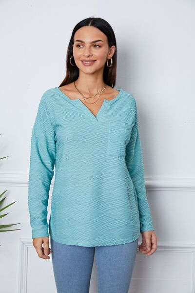Texture Notched Drop Shoulder Top - Ladyez