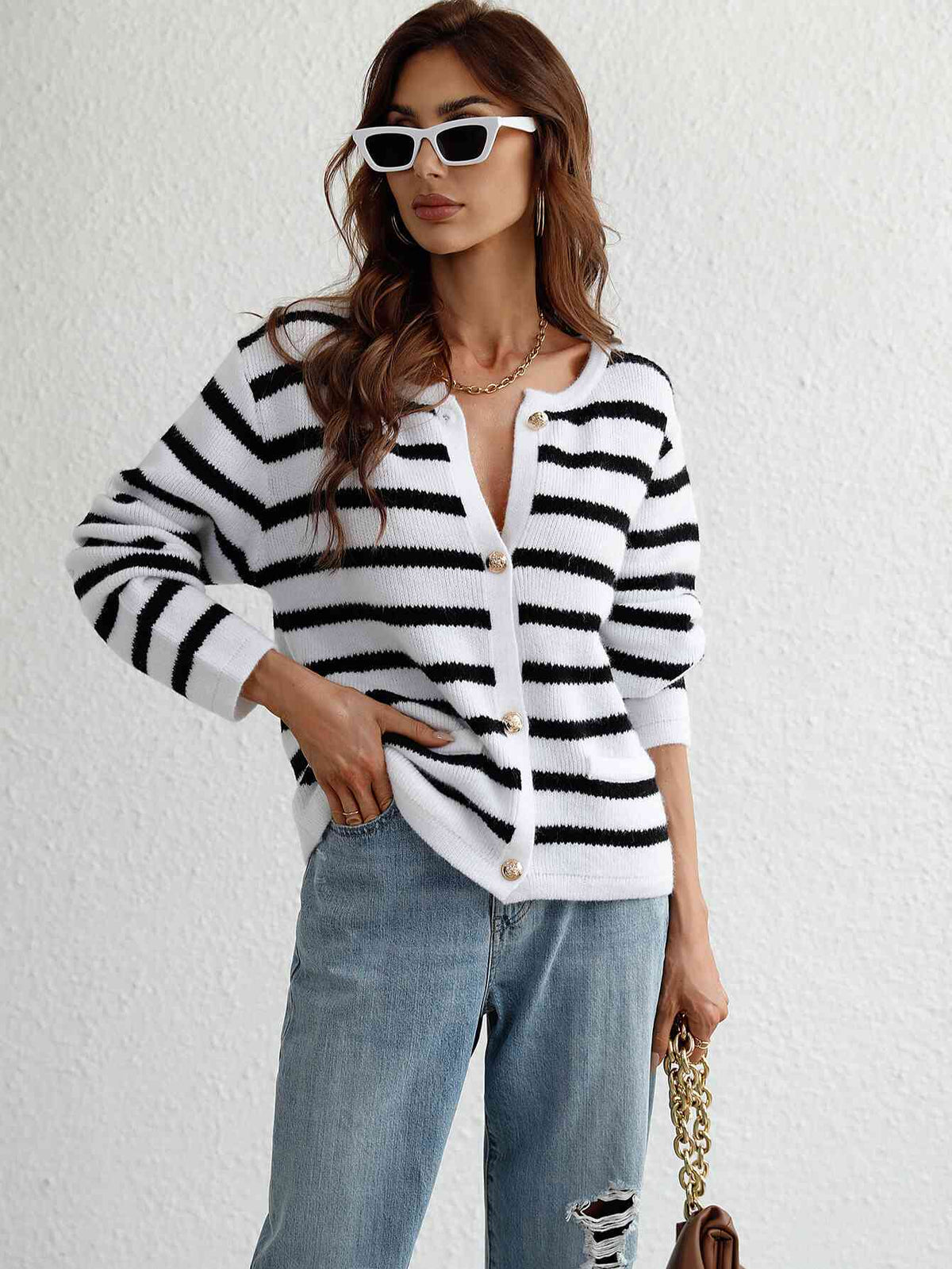 Woven Right Striped Button Front Cardigan - Ladyez