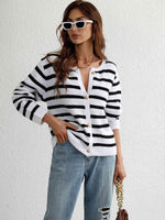 Woven Right Striped Button Front Cardigan - Ladyez