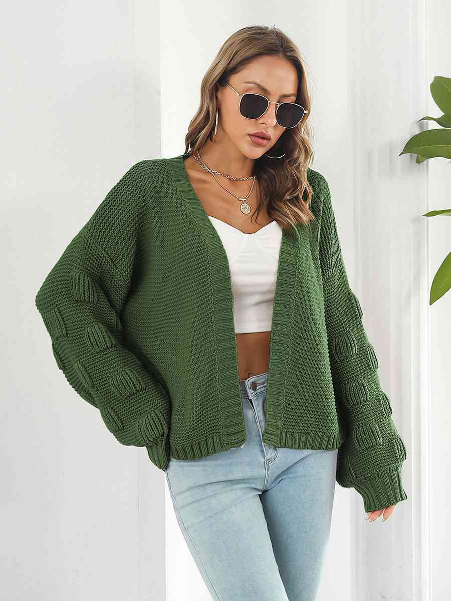 Open Front Ribbed Trim Cardigan - Ladyez
