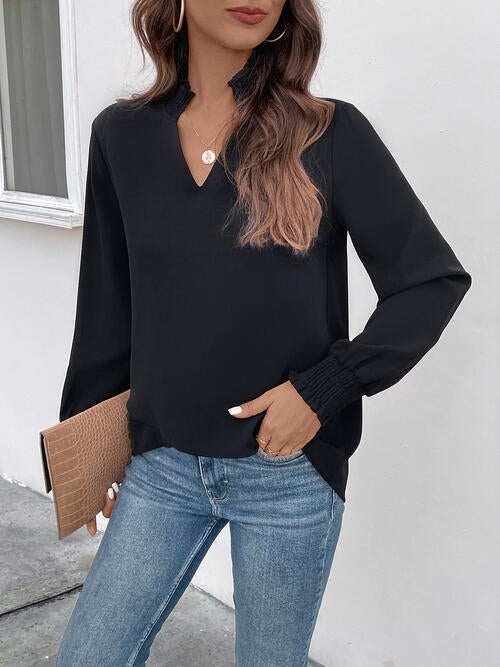 Smocked Notched Long Sleeve Blouse - Ladyez