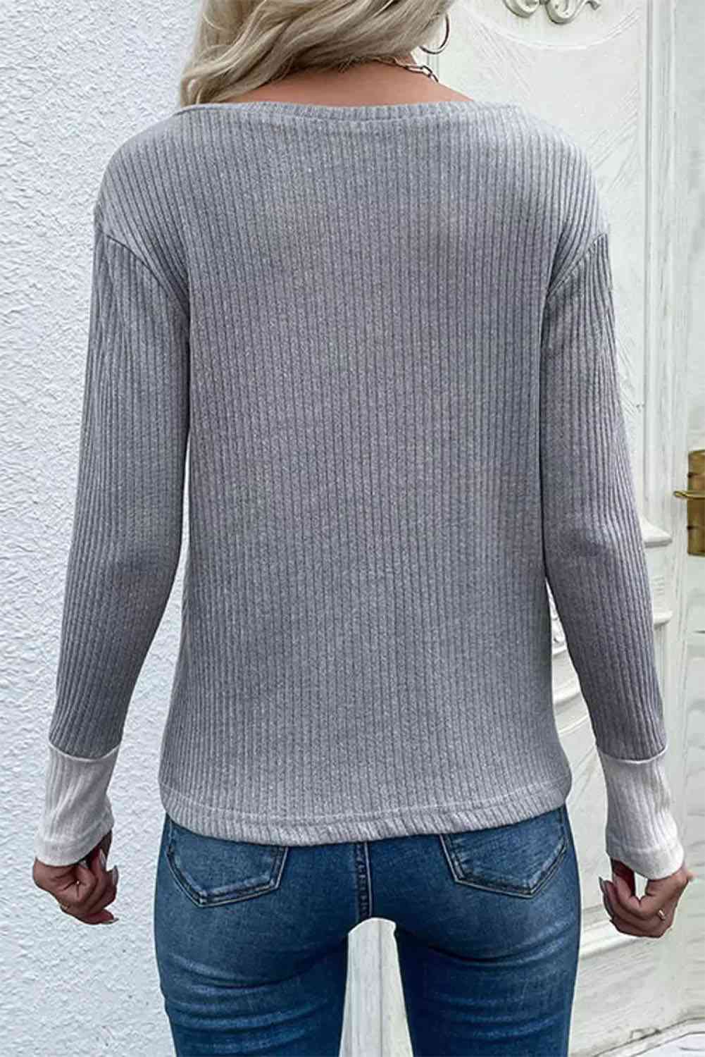 Color Block V-Neck Ribbed Top with Pocket - Ladyez