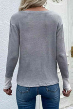 Color Block V-Neck Ribbed Top with Pocket - Ladyez
