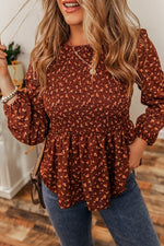 Floral Smocked Ruffle Hem Long Sleeve Blouse - Ladyez