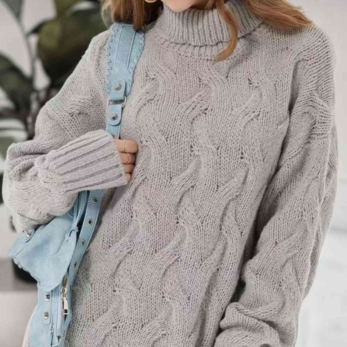 Cable-Knit Turtleneck Sweater Dress - Ladyez