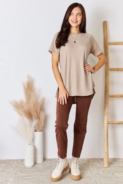 Zenana Baby Waffle Short Sleeve Slit High-Low T-Shirt - Ladyez