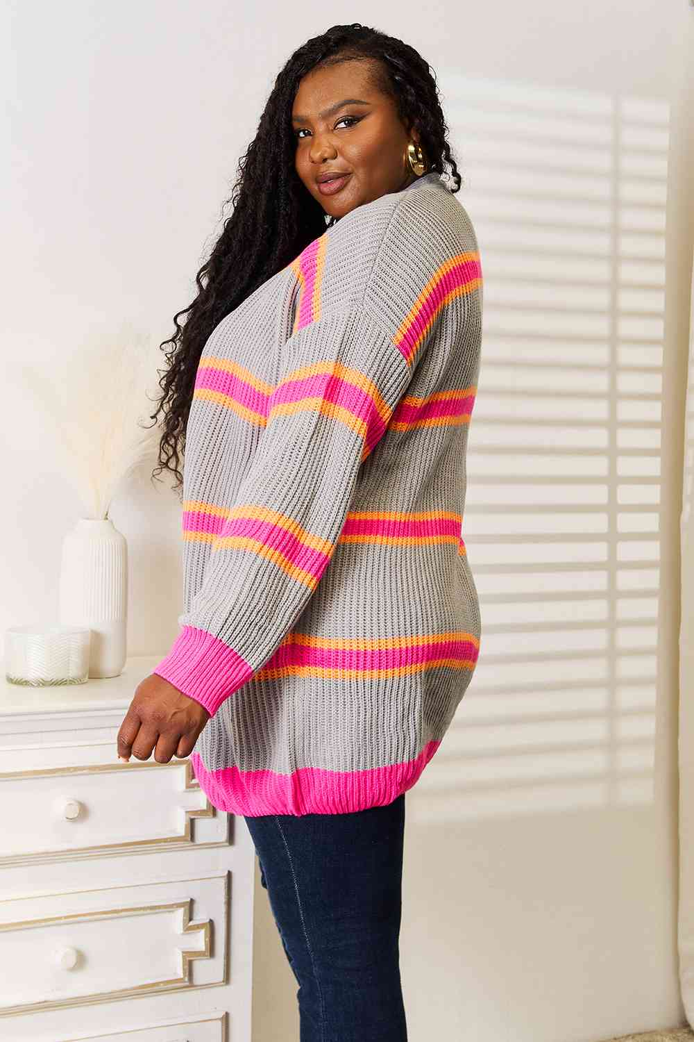 Woven Right Ribbed Long Sleeve Cardigan - Ladyez