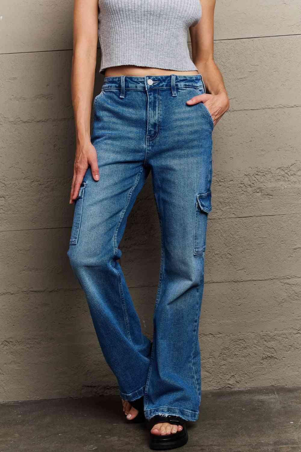 Kancan Holly High Waisted Cargo Flare Jeans - Ladyez