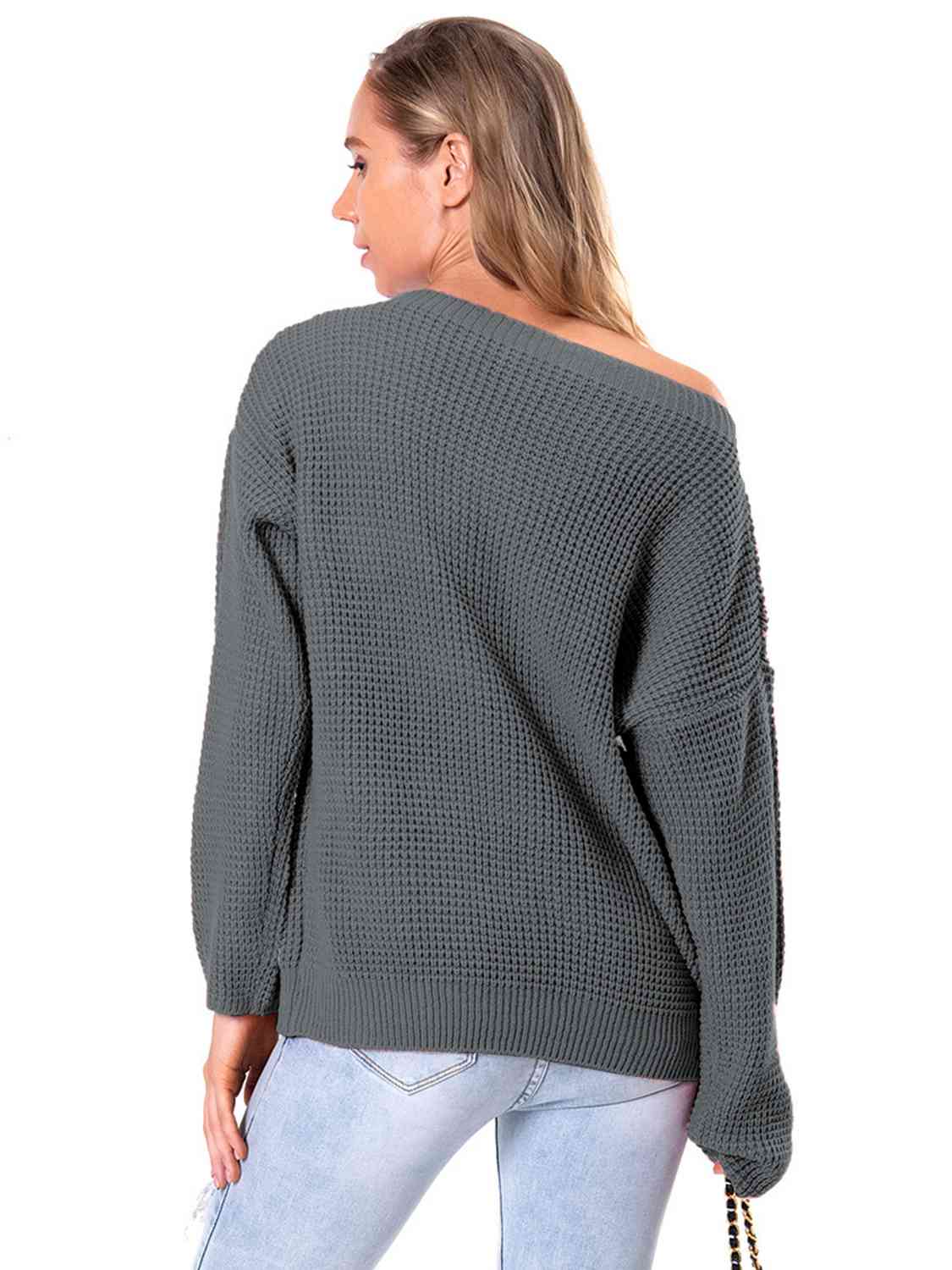 Boat Neck Drop Shoulder Long Sleeve Sweater - Ladyez