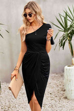 Ruched One-Shoulder Tulip Hem Dress - Ladyez