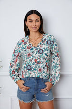 Floral Notched Long Sleeve Blouse - Ladyez