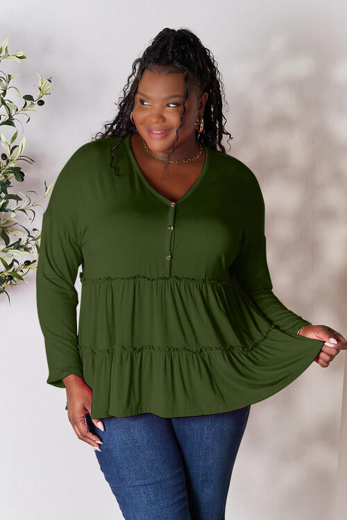 Double Take Half Button Long Sleeve Ruffle Hem Blouse - Ladyez