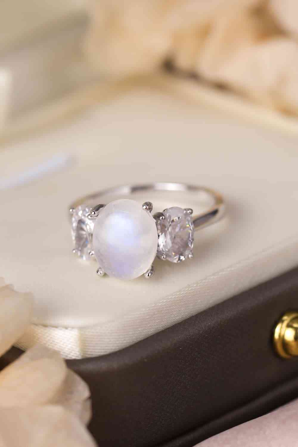 High Quality Natural Moonstone 925 Sterling Silver Three Stone Ring - Ladyez