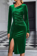 Ruched Slit Asymmetrical Neck Wrap Dress - Ladyez