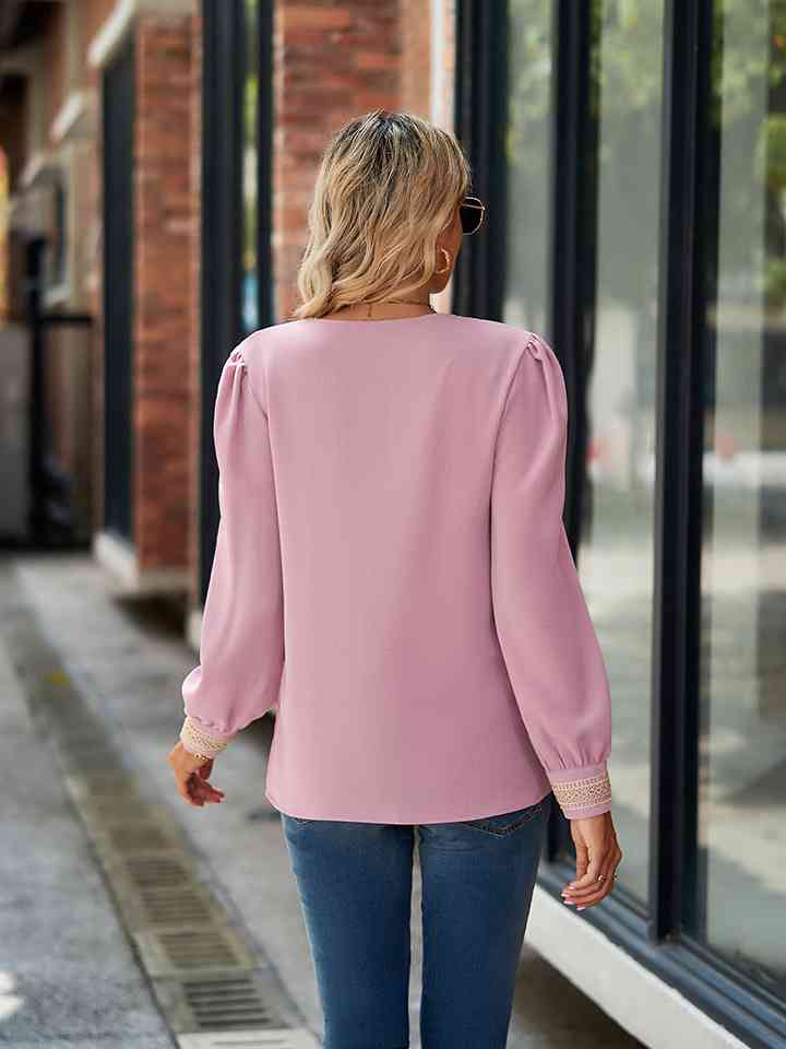 V-Neck Long Sleeve Blouse - Ladyez
