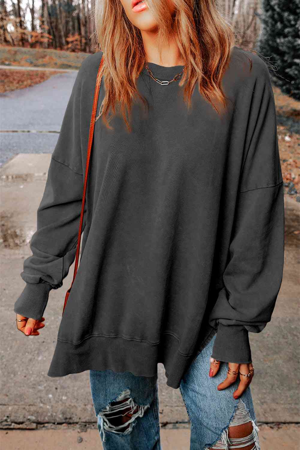 Dropped Shoulder Round Neck Long Sleeve Blouse - Ladyez