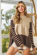 BiBi Striped Contrast Long Sleeve Slit Top - Ladyez