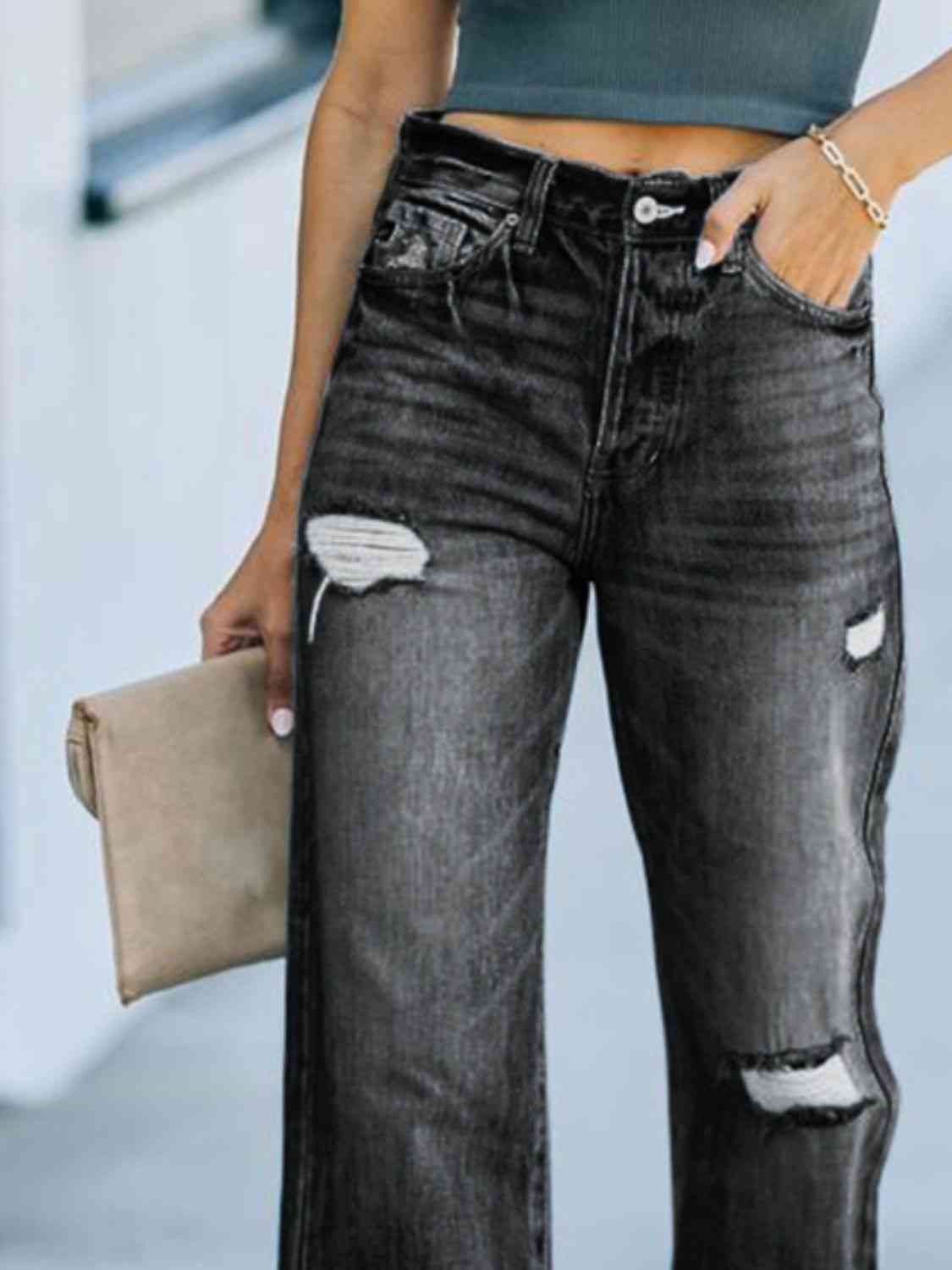 Distressed Straight Leg Jeans - Ladyez