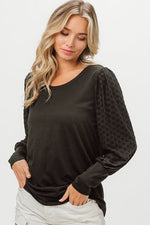 BiBi Round Neck Polka Dot Lantern Sleeve Top - Ladyez