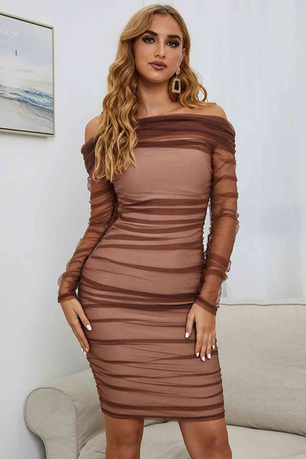 Off-Shoulder Ruched Long Sleeve Tulle Dress - Ladyez