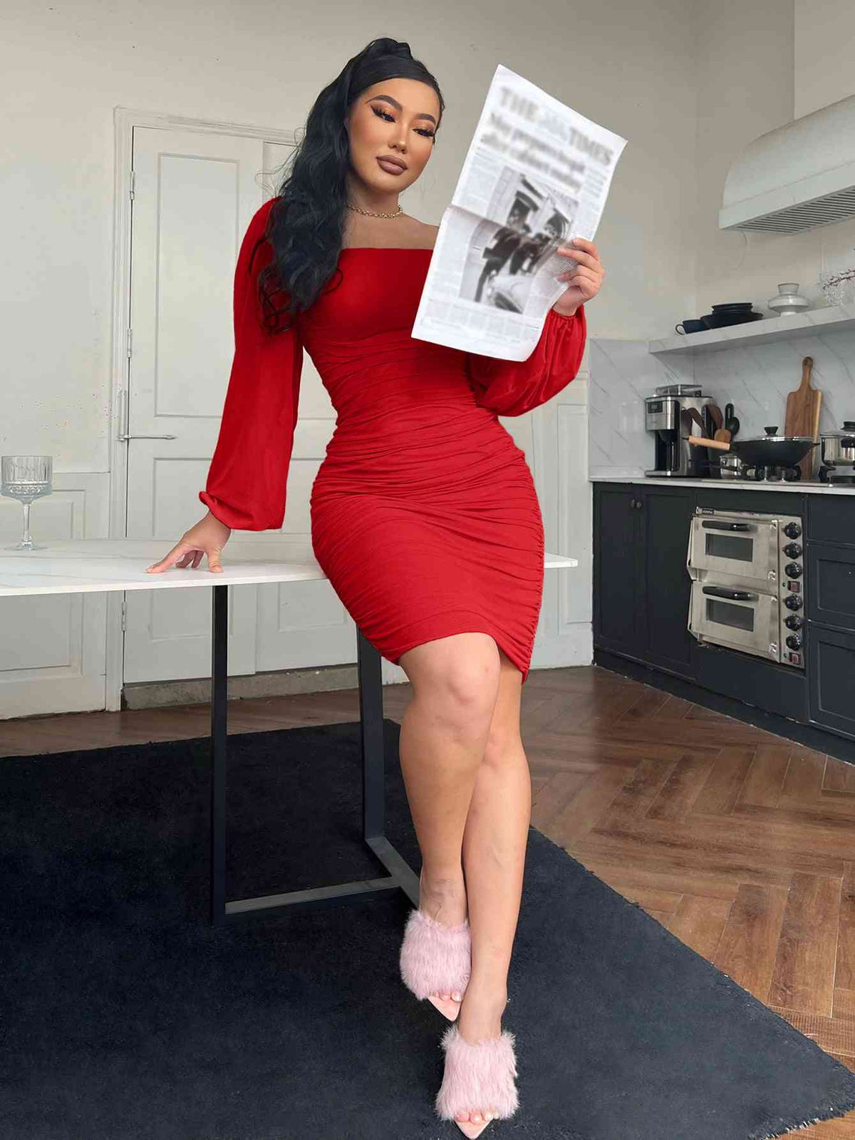 Zip-Back Ruched Bodycon Dress - Ladyez