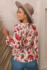 Floral V-Neck Drawstring Peplum Blouse - Ladyez