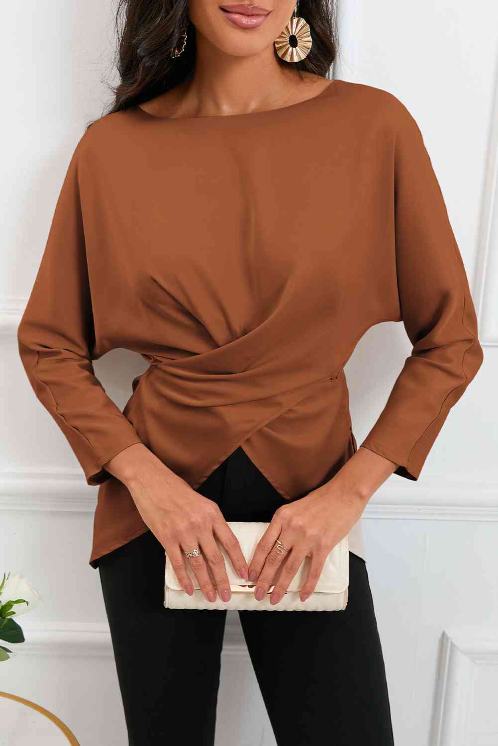 Boat Neck Back Tie Long Sleeve Satin Blouse - Ladyez