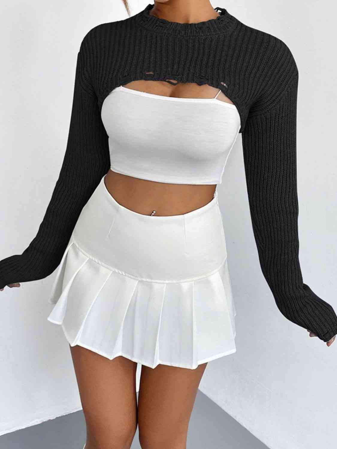 Distressed Long Sleeve Cropped Sweater - Ladyez