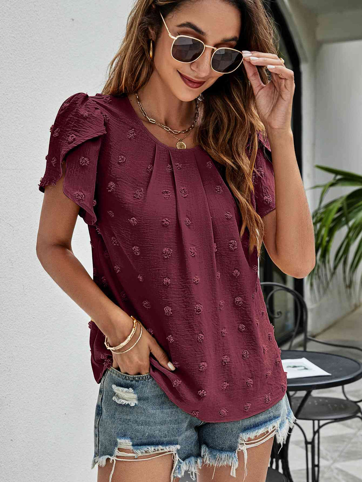 Swiss Dot Round Neck Petal Sleeve Top - Ladyez