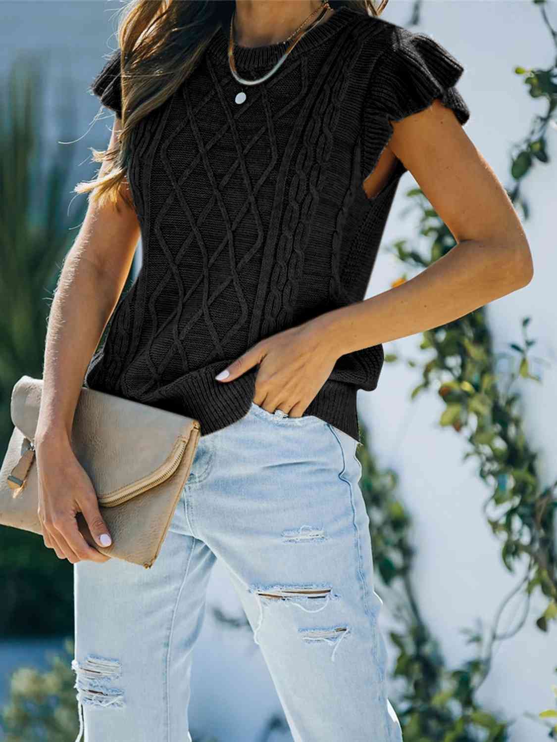 Round Neck Cap Sleeve Sweater - Ladyez