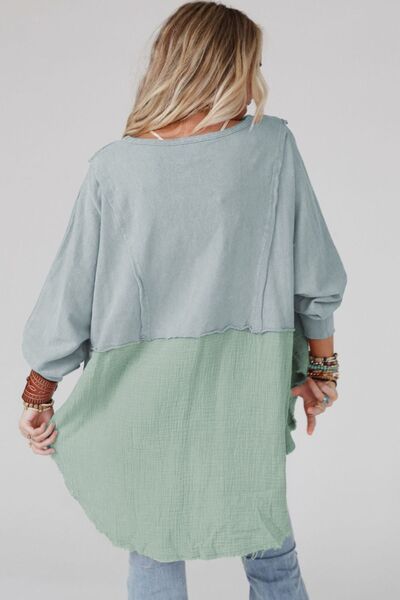 Contrast Texture Round Neck Long Sleeve Blouse - Ladyez