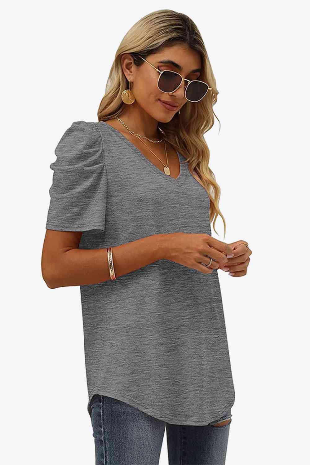 V-Neck Puff Sleeve Tee - Ladyez
