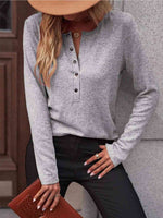 Round Neck Buttoned Long Sleeve T-Shirt - Ladyez