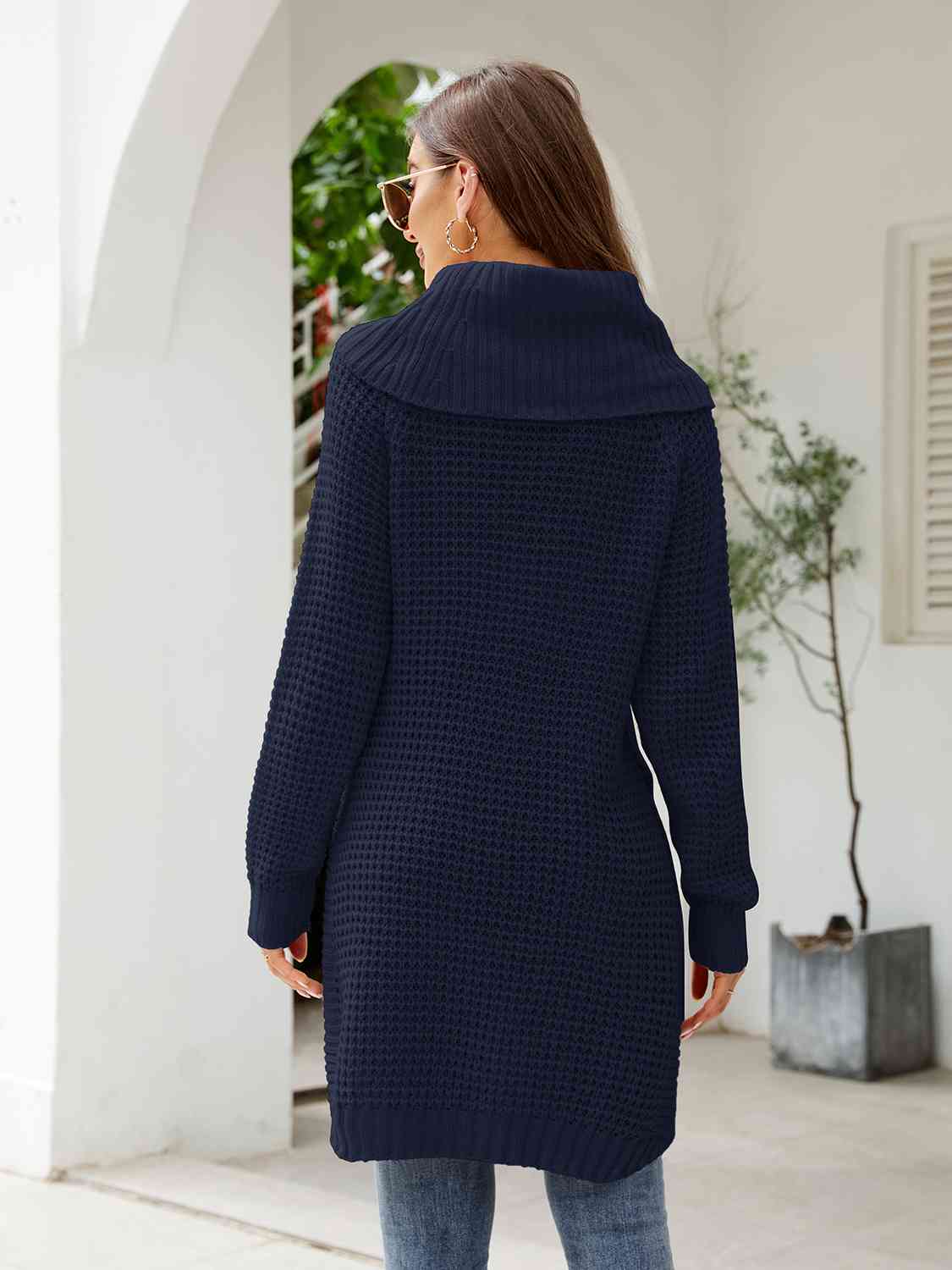 Turtleneck Waffle-Knit Slit Sweater Dress - Ladyez