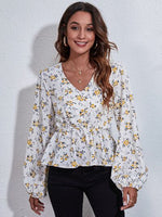Floral V-Neck Balloon Sleeve Peplum Blouse - Ladyez
