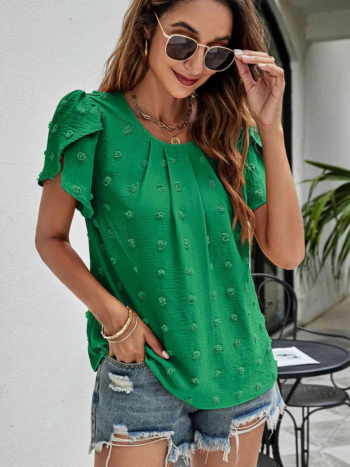 Swiss Dot Round Neck Petal Sleeve Top - Ladyez