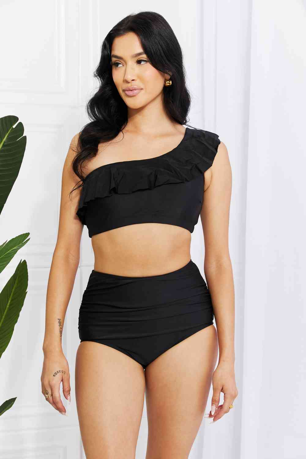 Marina West Swim Seaside Romance Ruffle One-Shoulder Bikini in Black - Ladyez