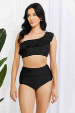 Marina West Swim Seaside Romance Ruffle One-Shoulder Bikini in Black - Ladyez