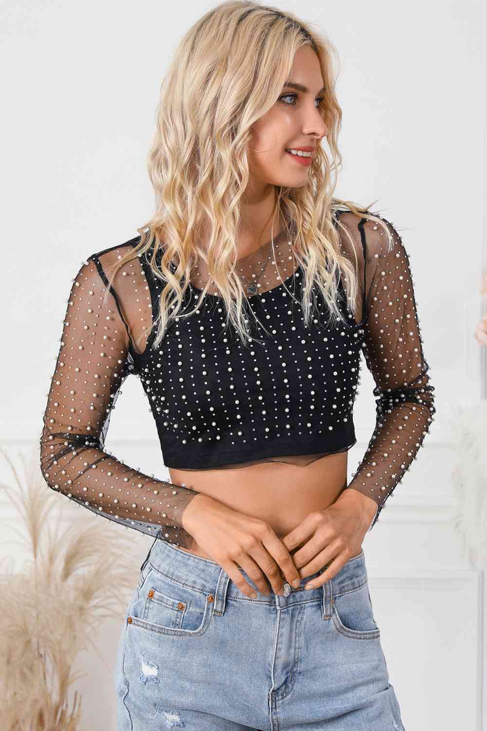 Pearl Long Sleeve Mesh Cropped Top - Ladyez